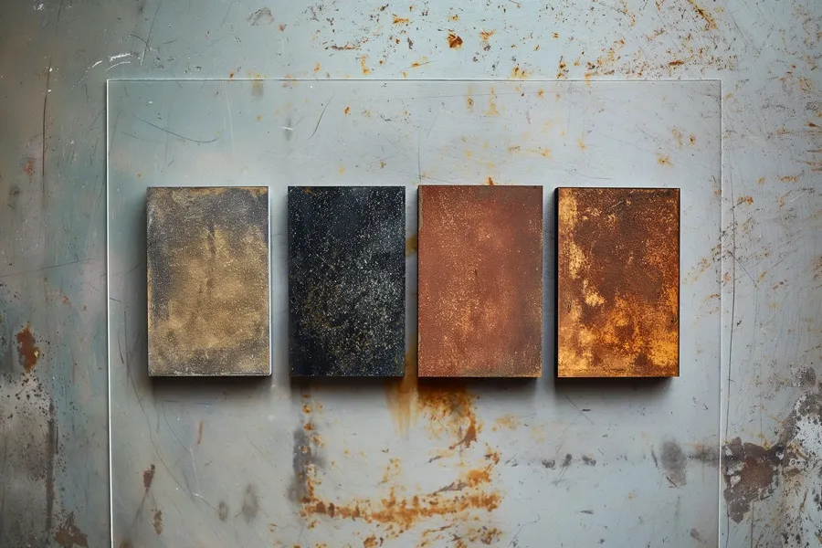 Metal test panels showing different stages of corrosion