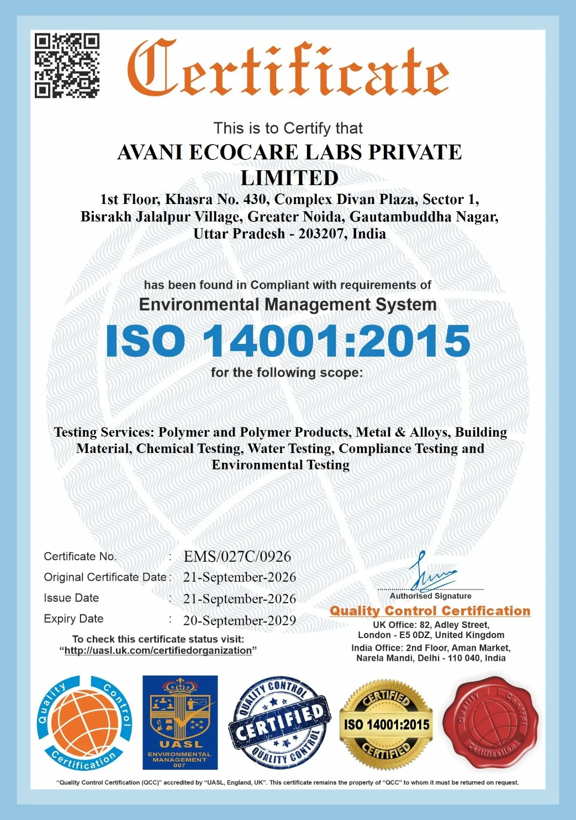 ISO 14001:2015 Environmental Management System certificate issued to Avani Ecocare Labs Private Limited, certificate number EMS/027C/0926