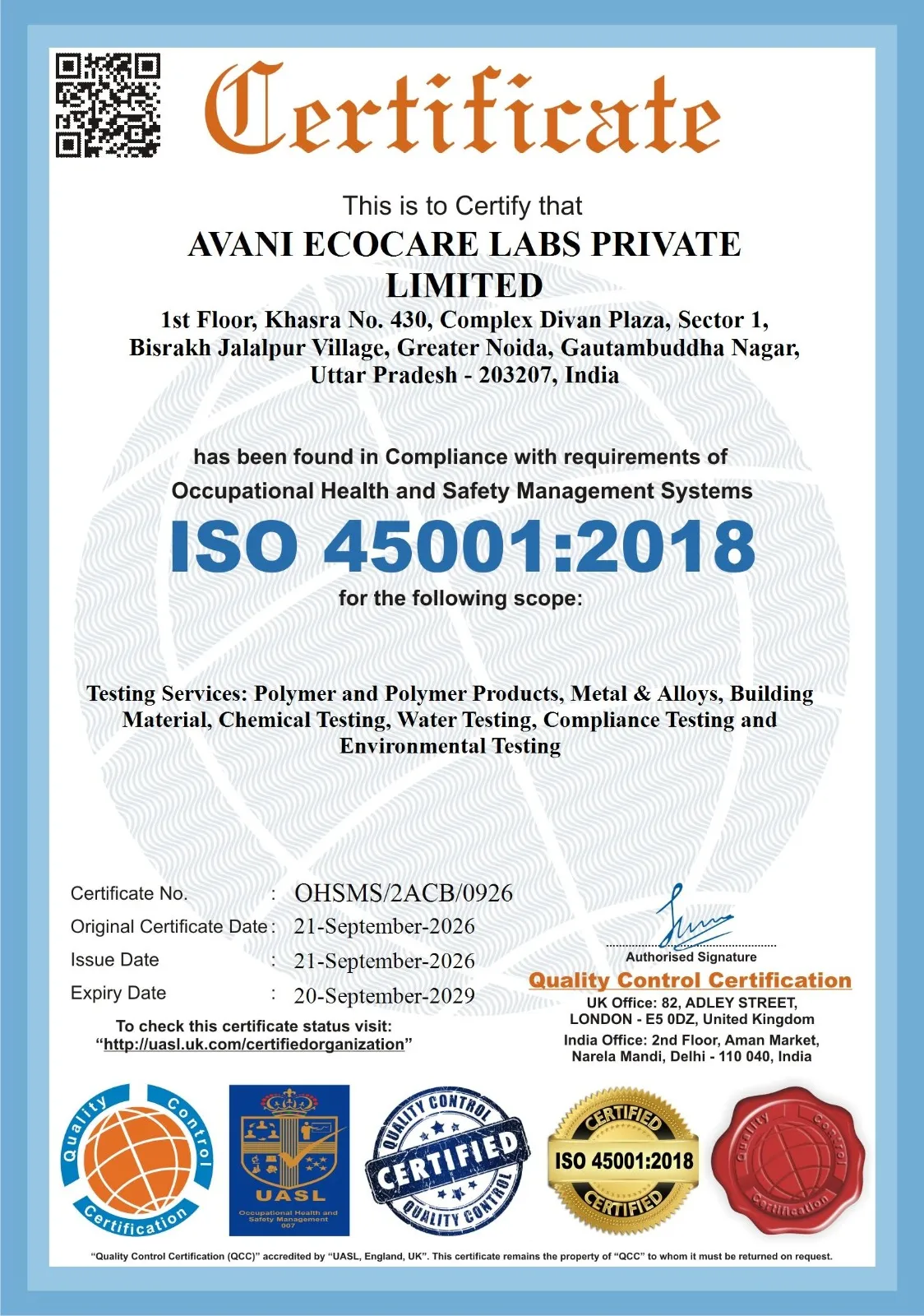 ISO 45001:2018 Occupational Health and Safety Management System certificate issued to Avani Ecocare Labs Private Limited, certificate number OHSMS/2ACB/0926