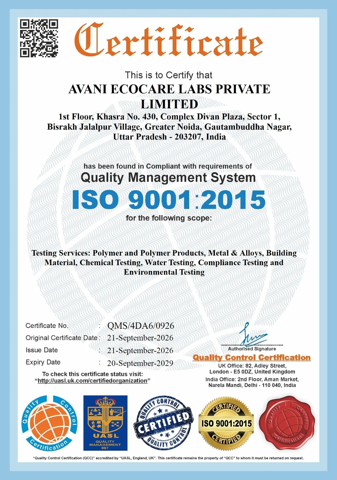 ISO 9001:2015 Quality Management System certificate issued to Avani Ecocare Labs Private Limited, certificate number QMS/4DA6/0926